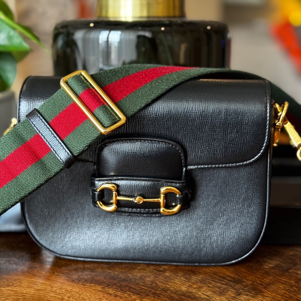 Black Crossbody Gucci Bag with Green and Red Strap